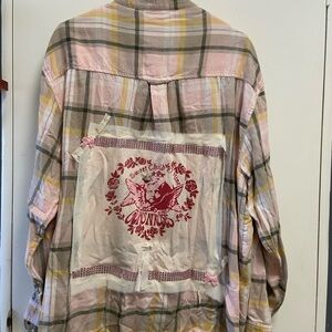 Pink Flannel Xtra Large w Guns N' Roses Graphic Tee on back with Crown Brooch